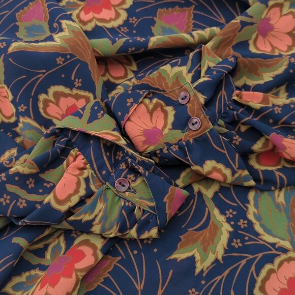 Poet by Nicola Vintage Navy Floral Side Button Up Collared Blouse Size Large - Picture 8 of 8